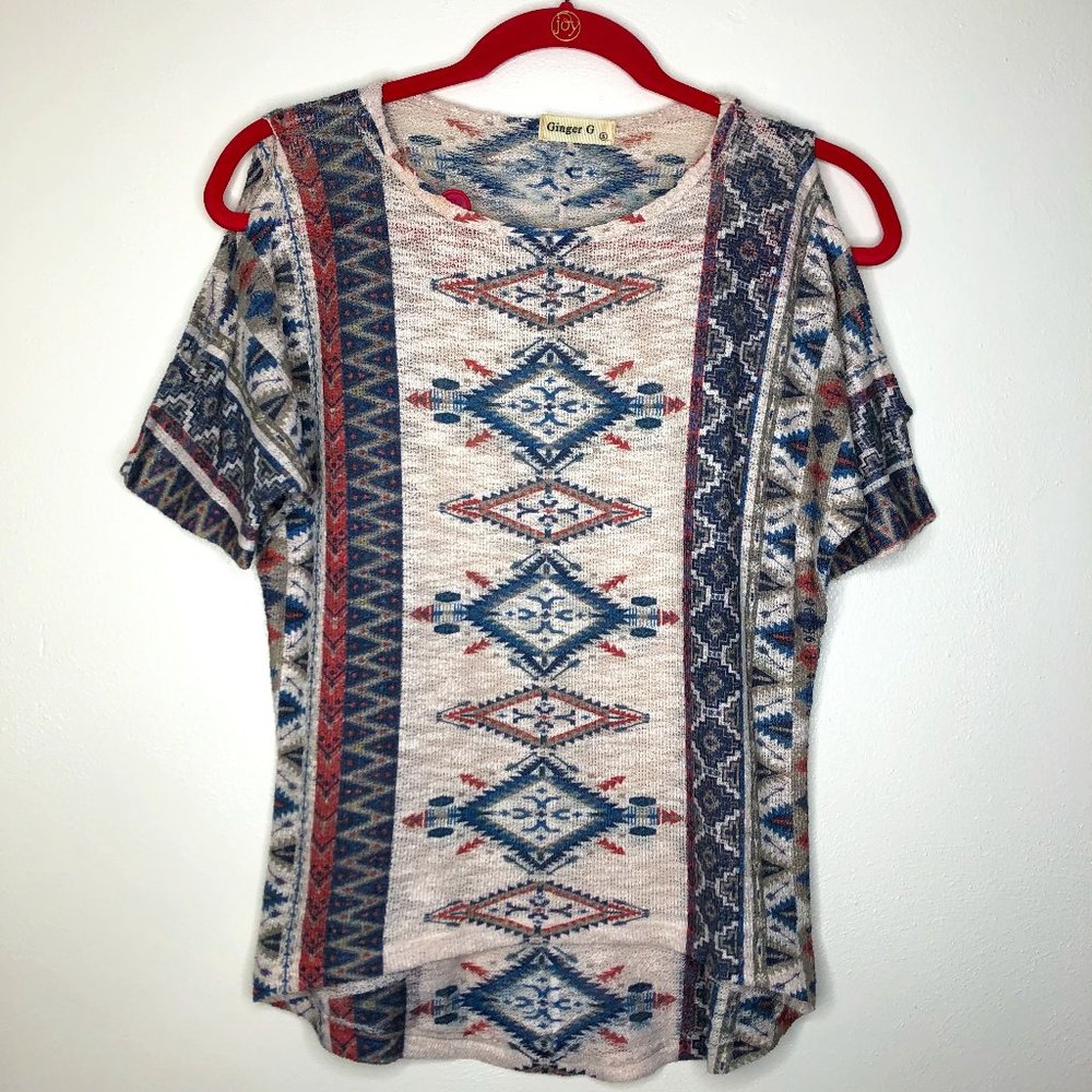 Ginger G Anthropologie Aztec Print HiLo Knit Style Cold Shoulder Top Size Small
